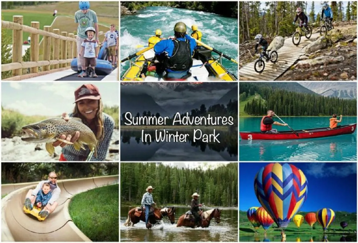 A vibrant exterior scene filled with families and groups participating in a range of exciting outdoor activities. The image features scenic landscapes, water activities such as rafting and canoeing, bikers on trails, people fishing by the river, horseback riders, and colorful hot air balloons dotting the sky. The overall atmosphere is lively and adventurous, with clear signs of fun and active exploration.