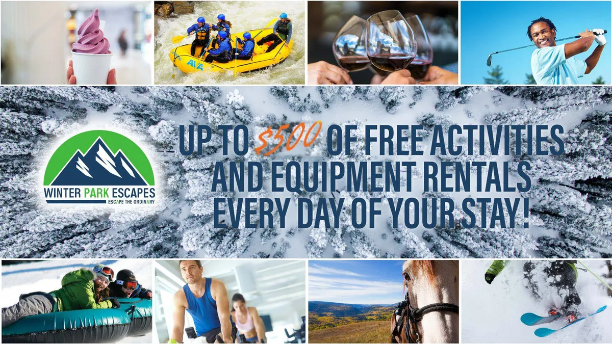 A vibrant collage-style interior scene highlighting a range of outdoor adventure activities such as white-water rafting, skiing, golfing, and horseback riding, with cozy indoor relaxation shown as well. Large windows hint at scenic nature views, blending indoor comfort with outdoor excitement.