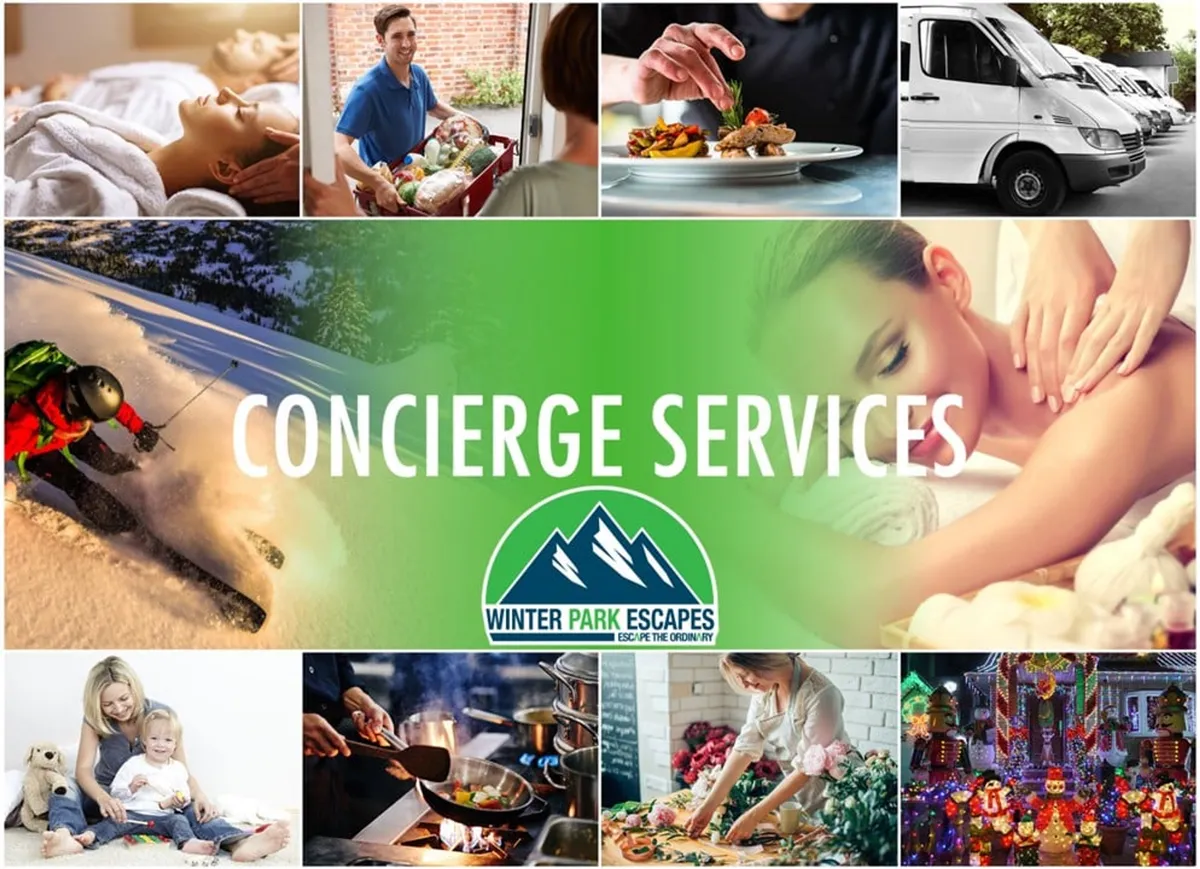 A vibrant collage-like interior scene showing luxurious spa treatments, gourmet food, and guests enjoying après-ski relaxation. Holiday decor and cozy family moments evoke a sense of indulgence and celebration within the property.