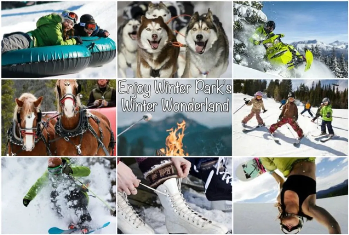 A playful and energetic winter scene set outdoors, showing people engaging in snow tubing, dog sledding, snowboarding, skiing, ice skating, and enjoying horse-drawn sleigh rides. Children play in the snow and groups gather around a cozy fire pit, set against a picturesque snowy landscape. The mood is festive, joyful, and family-oriented.